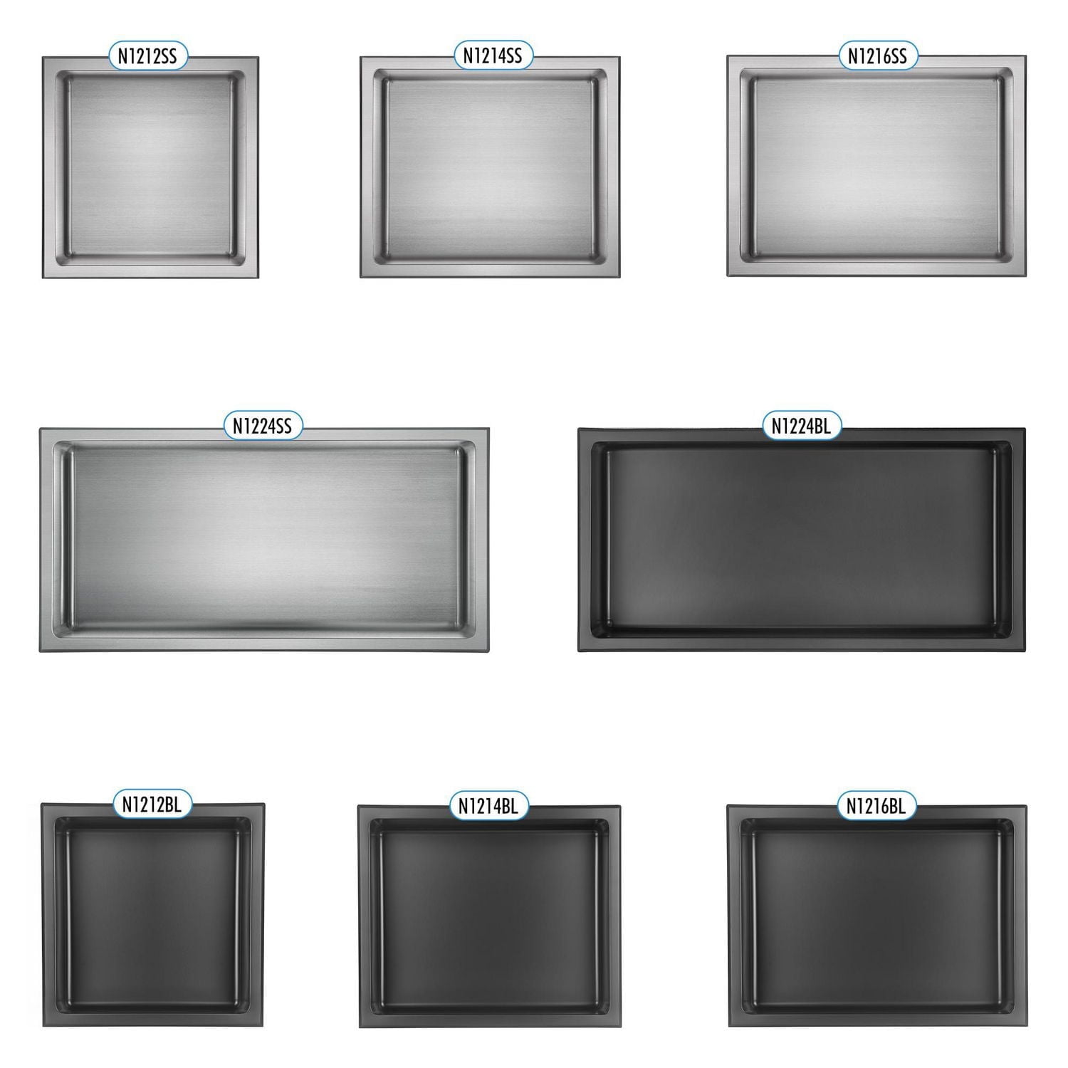 Niche de douche murale d'akuaplus® 12 po x 14 po, fait en acier inoxydable.