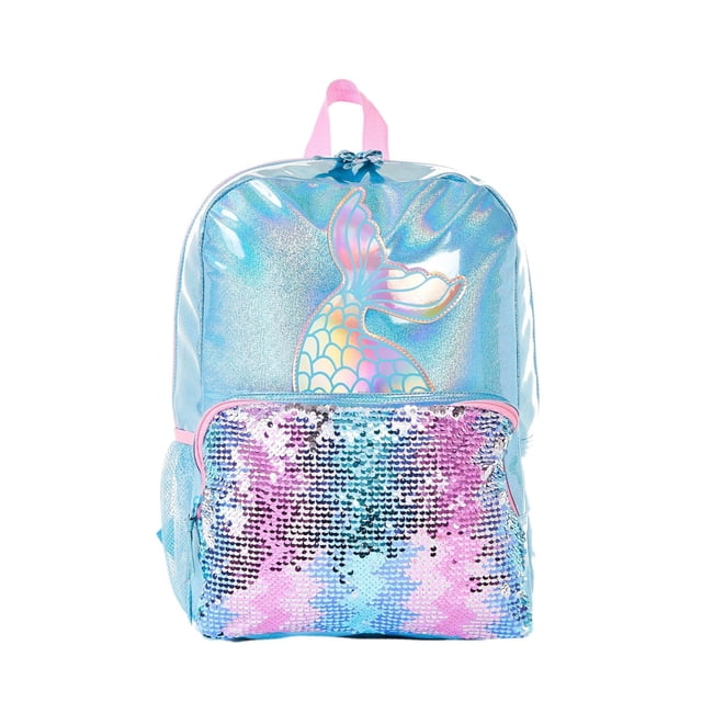 Jetstream Sac à Dos Sirène et Séquence avec un Corps en polyester Bleu Holographique Présentant un Graphique de Queue de Sirène, une Poche avant Zippée Recouverte de Paillettes Réversibles Roses, Violettes et Bleues, des Bretelles Rembourrées au Dos et aux Épaules, et une Poignée Supérieure Rose.