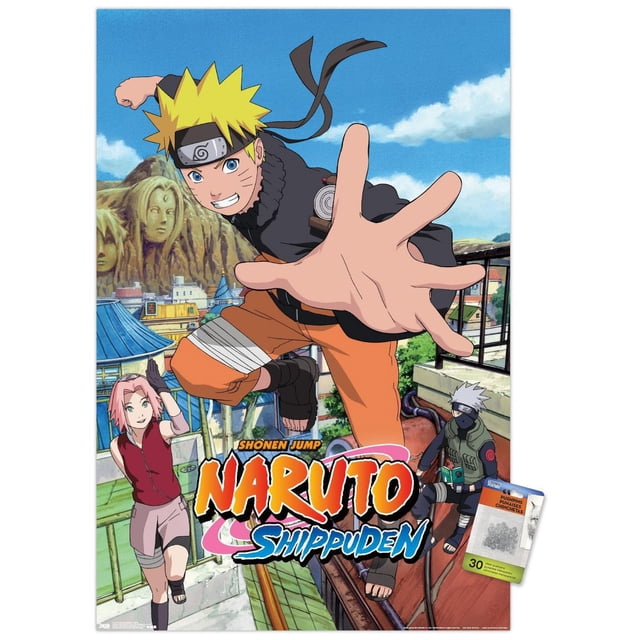 Naruto Shippuden - Affiche Murale « Jump », 22,375 Po x 34 Po Mettant en Vedette Naruto Uzumaki à Mi-Saut avec une Main Tendue, Portant Son Pantalon orange signature, Veste Noire et Serre-Tête de ninja. l'Arrière-plan Représente un village Détaillé avec Toits et Montagnes sous un Ciel Bleu. Sakura Haruno et Kakashi Hatake Apparaissent sur la Scène. l'Affiche Comprend le logo Naruto Shippuden