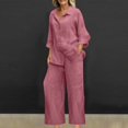 thumbnail image 2 of Women 2 Piece Linen Sets 2025 Button Up Long Sleeve Shirt Drawstring Wide Leg Pants Set Summer Outfits, 2 of 4