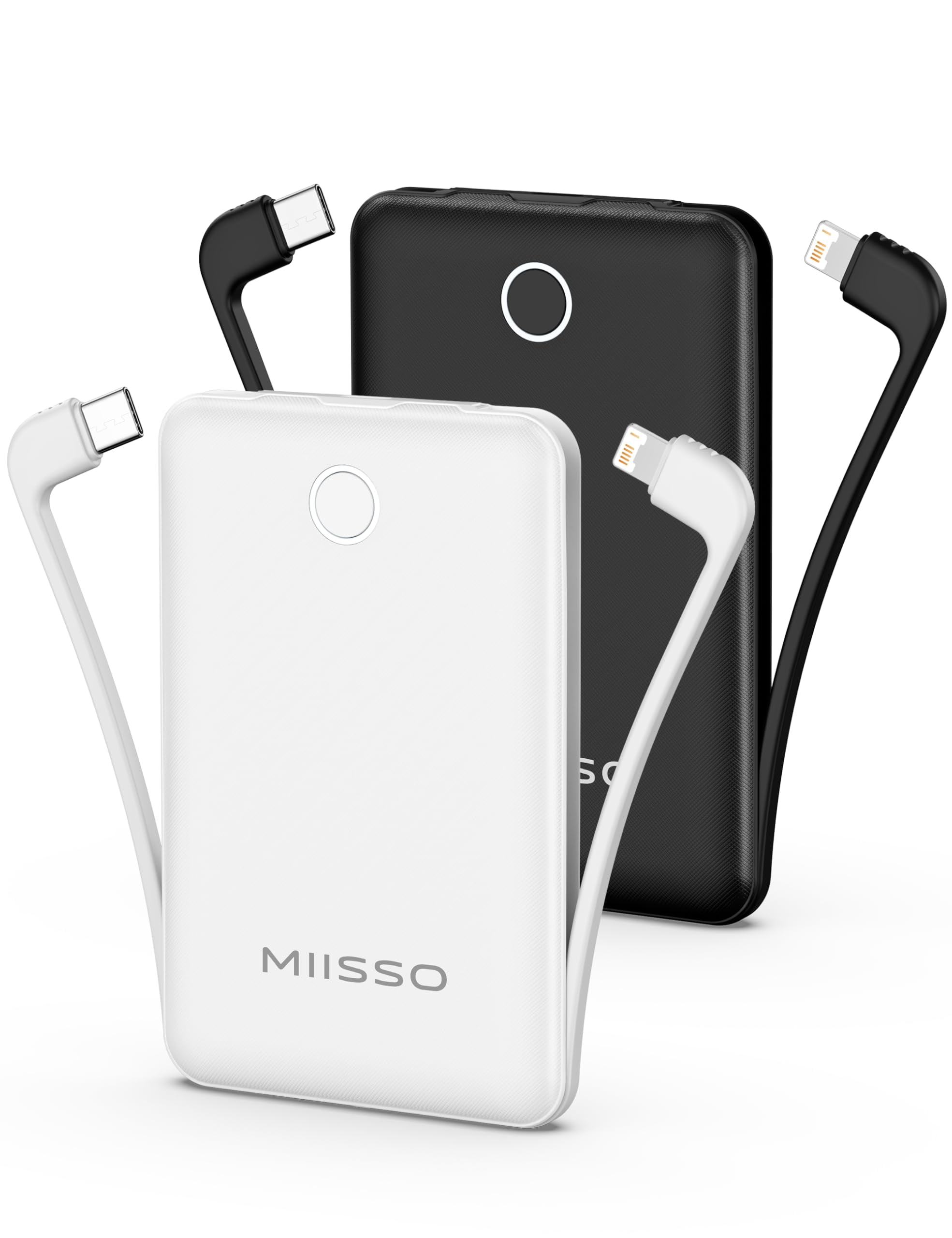 10000mAh Mini Portable Charger with Built in Cable, Pocket Size Power Bank Travel External Battery Pack for Phone, 3 Output USB Type C Cord Clutch Co