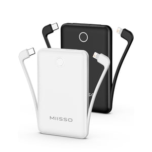 10000mAh Mini Portable Charger with Built in Cable, Pocket Size Power Bank Travel External Battery Pack for Phone, 3 Output USB Type C Cord Clutch Co