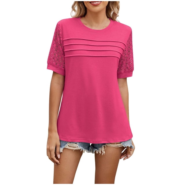 Yanlir Women's Fashion Spring Summer Solid Color Round Neck Short Sleeve Lace Patchwork Loose T-Shirt Summer Tops(Hot Pink,M)