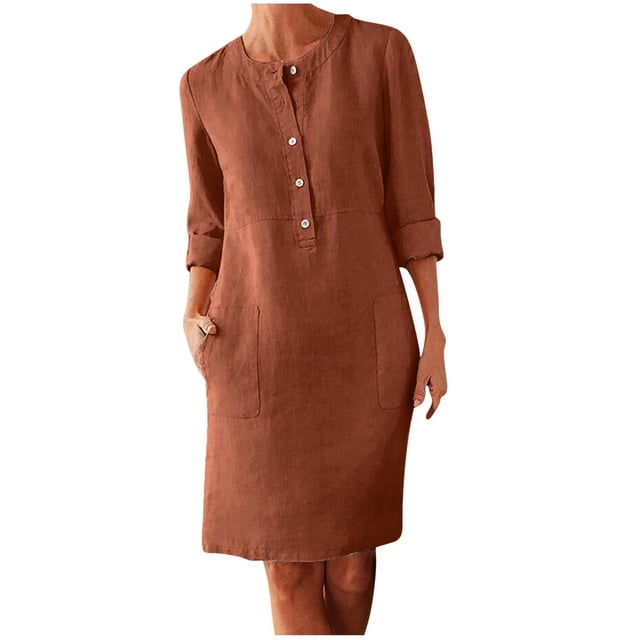 Daiosportswear Robe en Lin et Coton pour Femmes, Robe Chemise à Boutons à Manches Longues, Col Rond, Robe Habillée Décontractée Mini avec Robe Femme, Robes pour Femmes Brun 3X-Grand (TTTG)