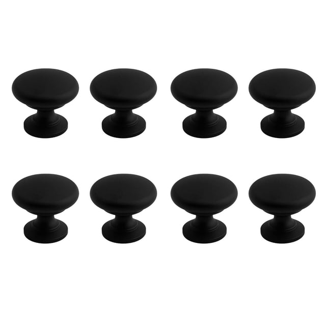 Era Simple Knob Lot de 8 Boutons d'Armoire en Métal Noir Mat Montrant Huit Boutons Ronds Noirs Mats Arrangés en Deux Rangées sur Fond Blanc, Convenant à la Quincaillerie d'Armoire de Cuisine et de Salle de Bain avec un style Minimaliste et Contemporain.