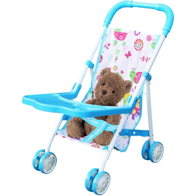 LAICAIW Poussette pour Poupée avec un design Pliable, un Cadre Léger et Robuste et un Tissu Multicolore Vif avec des Motifs Ludiques. la Poussette Comprend une Poignée Bleue Confortable, un Plateau Bleu Assorti et Quatre Roues Durables pour une Maniabilité Facile. un Ourson en Peluche Est Assis dans la Poussette, Mettant en Valeur Son Utilisation pour le Jeu d'Imitation. Idéal pour les Enfants pour Améliorer les Aptitudes en Soins et la Créativité.