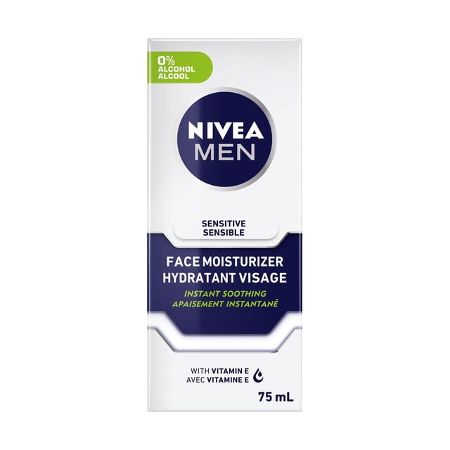 NIVEA MEN Sensitive Skin Face Moisture Cream in a 75 mL white and navy blue box with 0% alcohol, enriched with Vitamin E, providing instant soothing hydration for dry, sensitive skin.