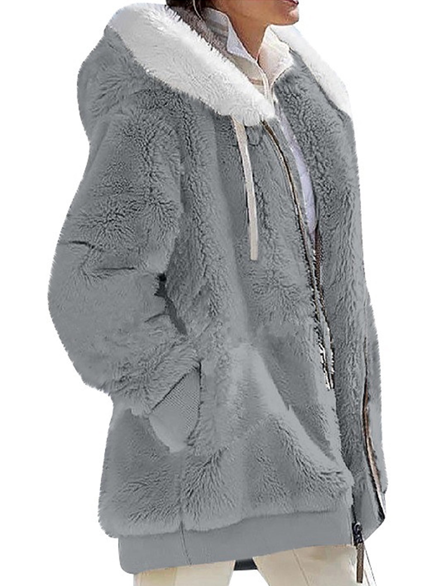 MAWCLOS Ladies Thickened Solid Color Hooded Cardigan Winter With Pockets Sherpa Coat Light Grey XL