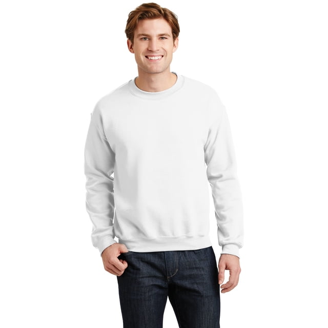 Gildan Men's Long Sleeve Crewneck Sweatshirt 18000 in a plain white design. The sweatshirt features a classic crewneck style with ribbed cuffs and hem, shown worn by a model paired with dark jeans.
