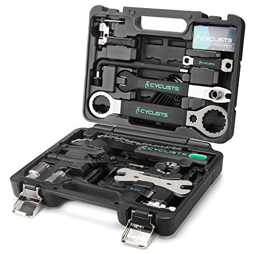 23 Piece Bike Tool Kit - Bicycle Repair Tool Box Compatible - Mountain/Road Bike Maintenance Tool Set with Storage Case (Black). A black storage case featuring 23 essential tools for bike repairs, including wrenches, chain tools, and screwdrivers, organized in molded compartments. Ideal for mountain and road bike maintenance and upgrades.