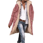 aohooy Womens Long Puffer Coats Reversible Fleece Jacket Oversized Long Sleeve Hooded Coat Winter Zip Parka Quilted Down Coat Red,S