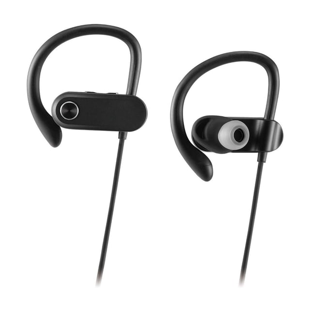 blackweb In-Ear Wireless Sports Headphones with black ear hooks and silicone-tipped earbuds connected by a thin cable, designed for secure fit and comfort, featuring Bluetooth compatibility and IPX4 splash-proof rating, suitable for active use and hands-free calling.