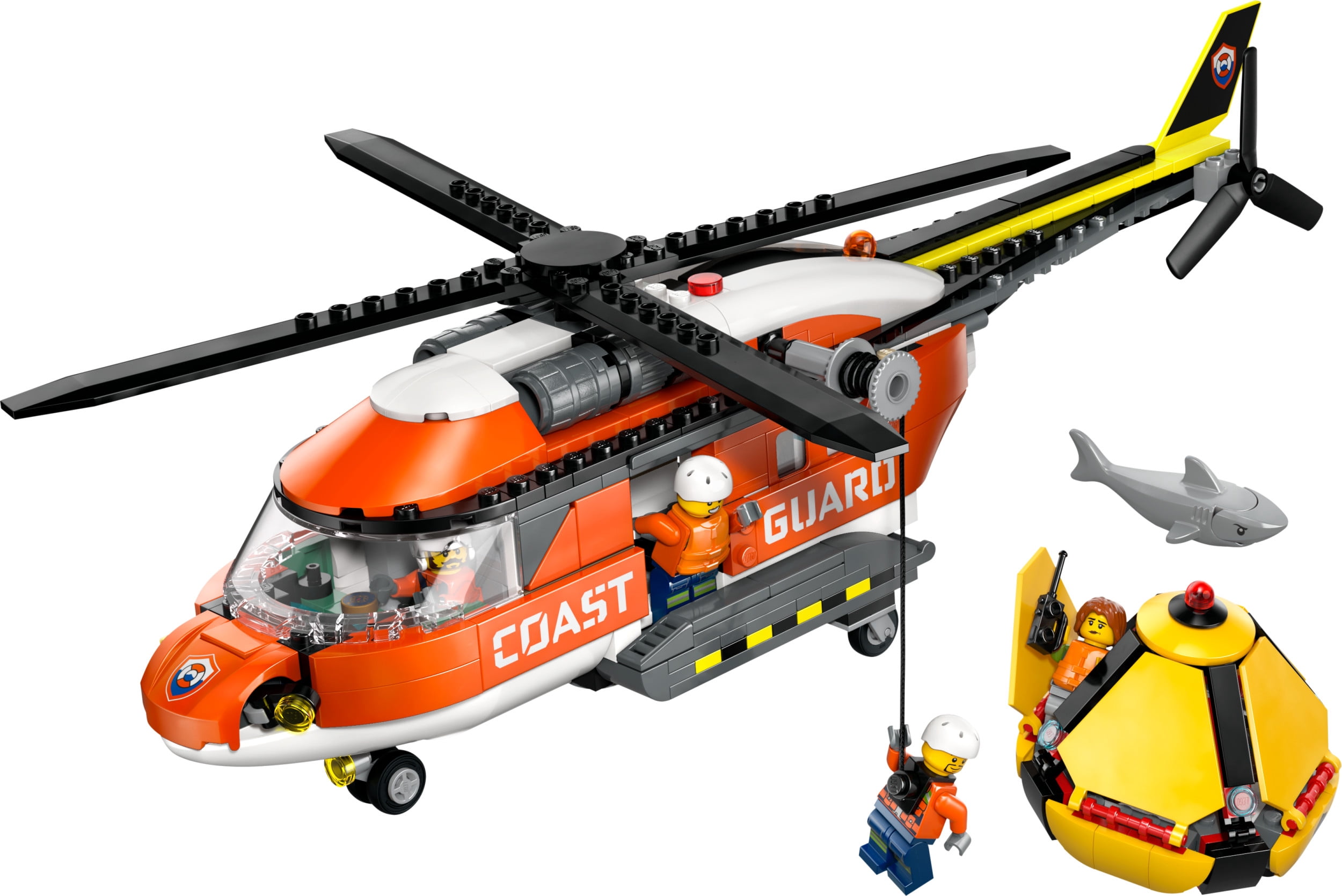 LEGO City Coast Guard Helicopter Building Toy for Kids - Pretend Play Emergency Response Set for Boys & Girls, Ages 7+ - Includes 4 Minifigures, Shark, & Rescue Pod - Gift Idea for Birthdays - 60503