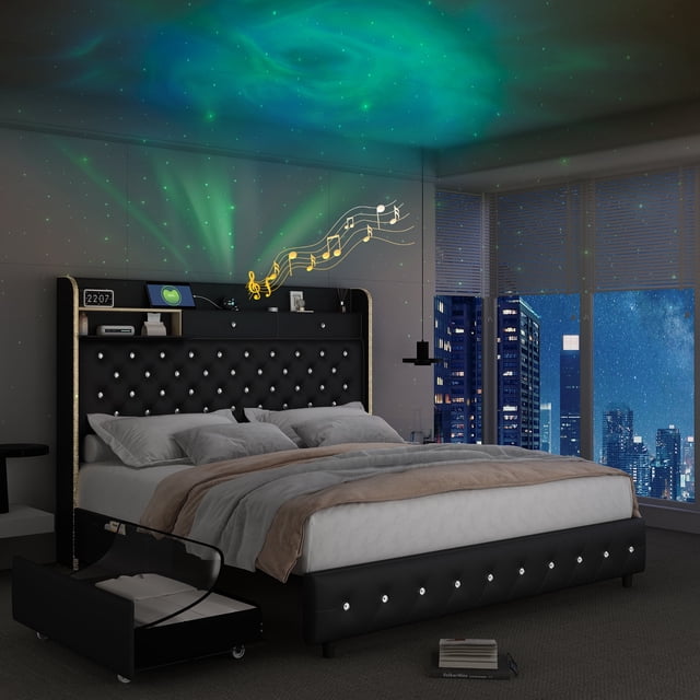 SIBEDS Full LED Bed Frame with Galaxy Projector, Charging Station, 52" Headboard & 2 Drawers, No Box Spring Required, PU Black