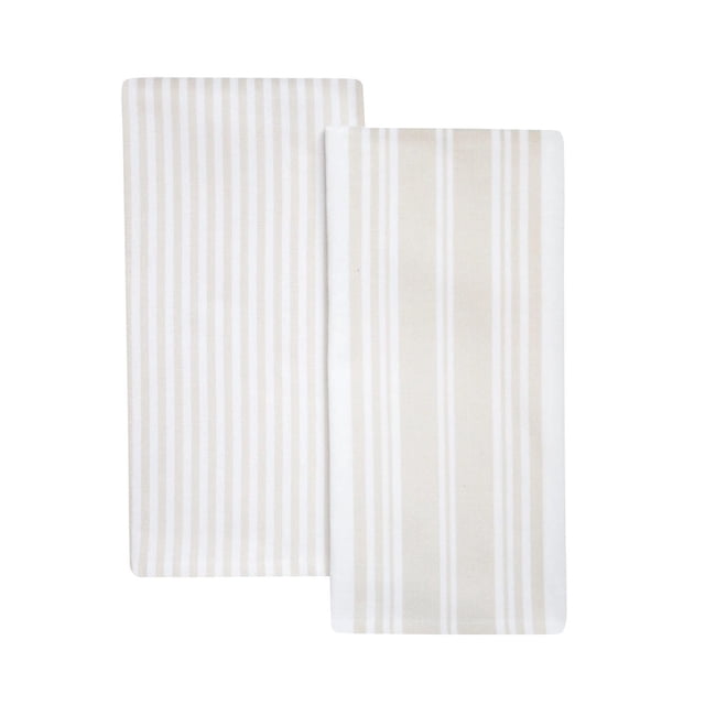 Better Homes & Gardens 2pk Kitchen Towel, Flat Woven, two oversized cotton towels with beige and white vertical stripes, measuring 30 by 20 inches, highly absorbent and suitable for drying dishes, wiping countertops, or mopping spills.
