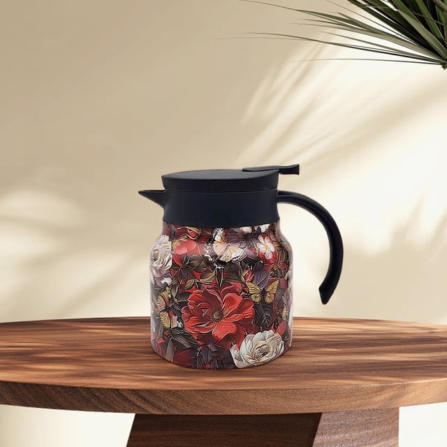 Glass&Bottle Floral Pattern Tea Pot with Built-In Infuser and Stainless Steel Thermal Carafe for Hot Drinks Elegant Kitchen and Beverage Service