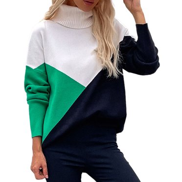 QUYUON Christmas Sweaters Color Block Sweaters Women Turtleneck Cable Knit Long Sleeve Pullover Sweaters Tops Winter Warm Knit Jumper Soft Lightweight Knitted Sweatshirts Green L