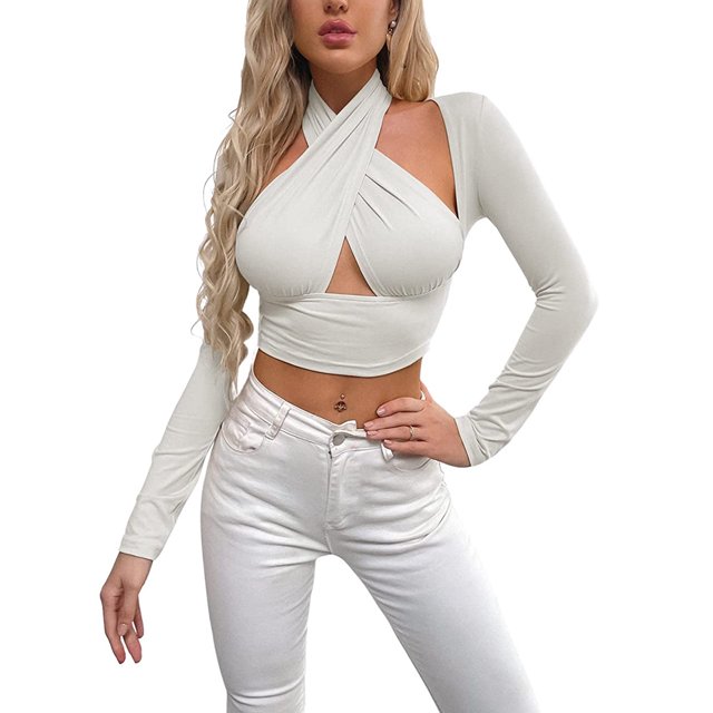 Faithtur Ladies Hollow Midriff-baring Tops Hanging Neck Long Sleeve Camisole