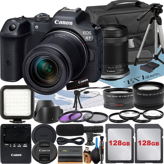 Canon EOS R7 Appareil Photo Sans Miroir avec Objectif RF-S 18-150mm + Lot de 2 Cartes Mémoire 128 Go + Étui + Ensemble d'Accessoires ZeeTech