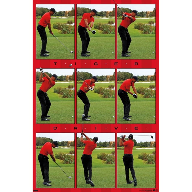 Tiger Woods - Affiche Murale Drive, 22,375 Po x 34 Po Affichant Neuf images Séquentielles d'Un Golfeur avec une Chemise Rouge et un Pantalon Noir Exécutant une Conduite de golf sur un Parcours Vert avec des Arbres et des Pièges à Sable, Disposée en Grille avec des Bordures Rouges et le Texte « Tiger Drive » entre les Rangées, Imprimée sur du Papier Affiche Lustré, Convient à la Déco Intérieure.