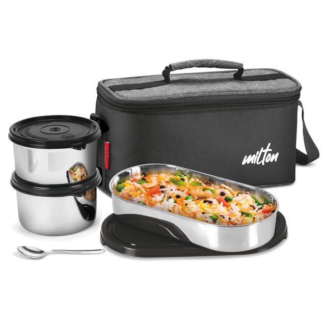 Steel Smart Lunch Box With Insulated Fabric Bag - Black | 2 Round Inner Steel Containers 500ml Each+ 1 Oval Container 675ml+ Spoon - Leak Proof, Odour Proof, Easy To Carry, Food Grade