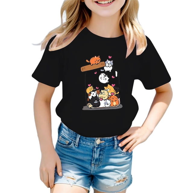 HNMKIU T-Shirt d'Été Décontracté pour Filles avec Imprimé Graphique Mignon, Col Rond, Manches Courtes, T-Shirt Confortable pour Enfants, Noir, 3-4 Ans