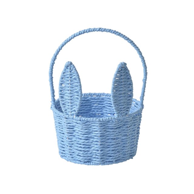 Lksixu Easter Baskets for Kids, a small rattan woven Easter bunny basket in blue with a handle and bunny ear design. Made from durable paper rope, this lightweight basket measures 26x20x16cm and is perfect for Easter egg hunts, spring decor, or organizing items like snacks, toys, or cosmetics. Its rustic farmhouse style adds charm to home or garden settings, making it a versatile Easter basket for kids.