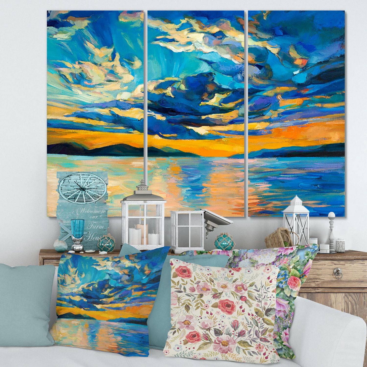 Designart Nuageux grand ouvert coucher de soleil sur l'horizon de l'océan Art mural sur toile