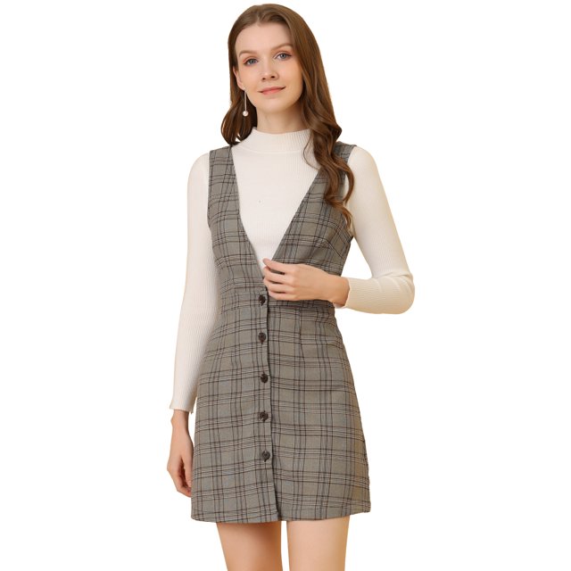 INSPIRE CHIC Robe Chasuble Sans Manches à Bretelles à Motif Pied-de-Poule pour Femme TP Brun Noir
