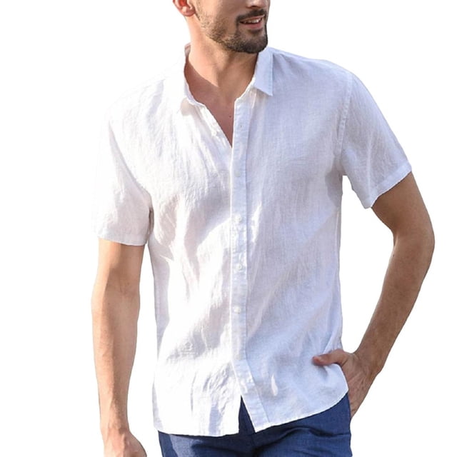 Mens Linen Short Sleeve Summer Solid Shirts Casual Loose Dress Soft Tops Tee