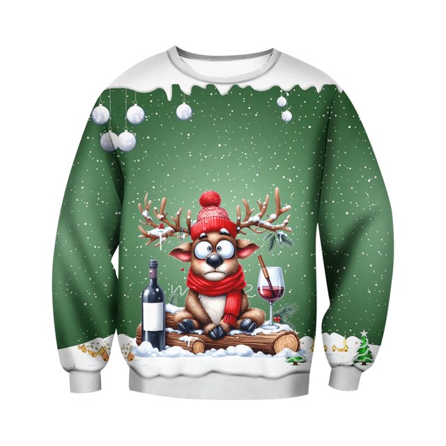 Ediodpoh Chandail de Sport pour Homme d'Hiver de Noël à Col Rond Vert Pâle, Présentant un design Festif avec un Renne de Dessin Animé Portant un Chapeau et une Foulard Rouges, Entouré de Neige, d'Une Bouteille de Vin et d'Un Verre. le Chandail à Col Rond, Manches Longues et Coupe Décontractée, Convient aux Rassemblements des Fêtes Ou aux Sorties Décontractées. Fait de polyester, Offre Confort et Respirabilité. Taille TTG.