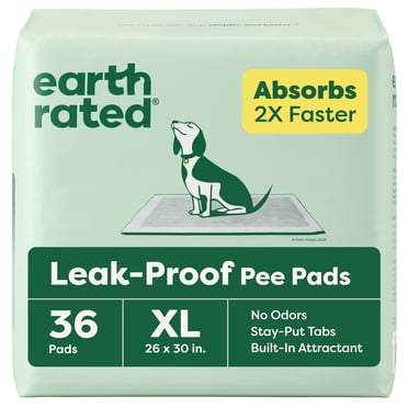 Earth Rated Leak-proof Pee Pads for Dogs and Puppies, 2X Faster Absorption*, Unscented, XL, 26x30 in., 36 Pads