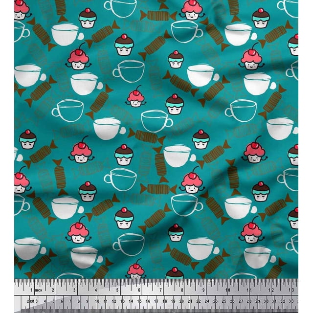 Soimoi Poly Georgette Fabric Cup,Candies & Cupcake Food Print Fabric by Yard 42 Inch Wide
