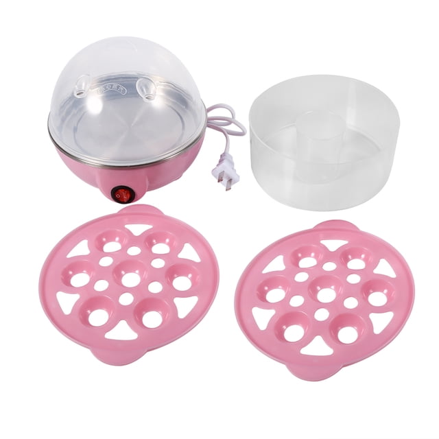 Cooker Steamer Egg Cooker Egg Maker Egg Steamer For Egg in a pink design with a transparent dome lid, two pink egg holder racks, and a water measuring cup. This electric egg boiler features a double-layer design, allowing up to 14 eggs to be steamed at once. It includes a stainless steel heating plate for quick heating, an auto-off function for safety, and an ON/OFF button for easy operation. Suitable for steaming eggs, egg custard, corn, steamed buns, and heating milk.