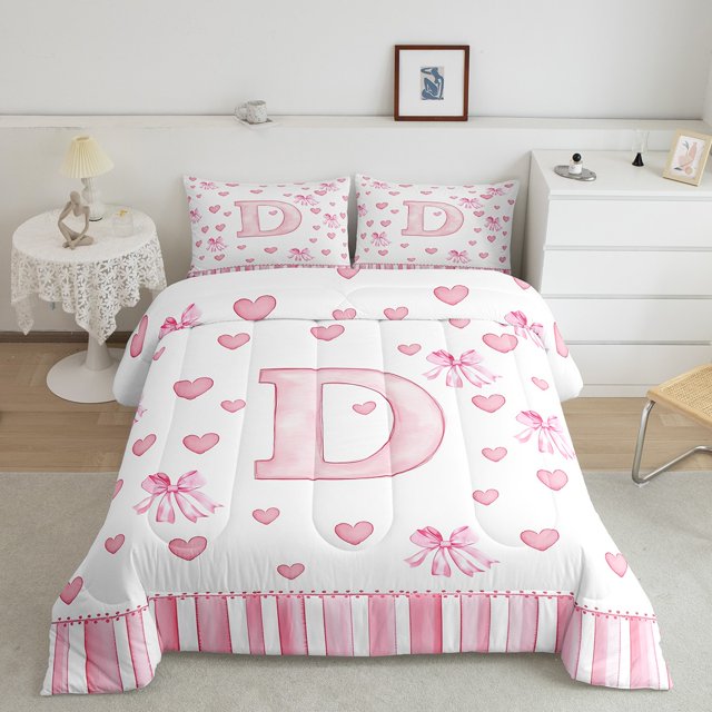 Erosebridal Ensembles de Literie Lettre Initiale D Simple avec Couette, Insert de Couette Monogrammé, Déco Nœud Kawaii, Réversible 2 Pcs