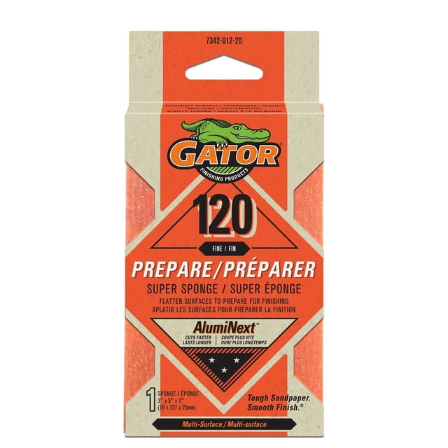 GATOR Éponge de Ponçage Super Premium, 120 Gravillons, Éponge de Ponçage Rectangulaire orange dans un Emballage beige avec logo GATOR, Conçue pour le Ponçage à la Main et la Préparation des surfaces sur Bois, Cloison Sèche, Fibre de Verre et Métal, Idéale pour Aplatir les surfaces avant la Finition.