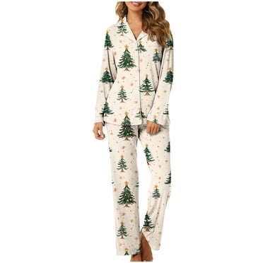 Tnhcen Ensemble de Pyjama pour Femmes à Imprimé d'Arbre de Noël, Manches Longues, Pantalon de Pyjama à Boutons sur le devant, Doux et Élégant, Tenue de Détente, Vêtements de Maison, P-3TG