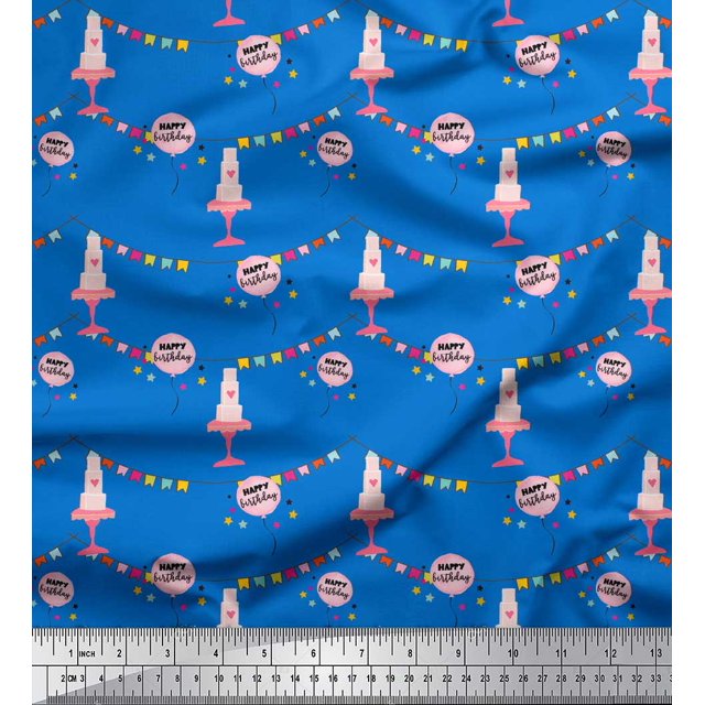 Soimoi Blue Rayon Fabric Birthday Theme Party Printed Fabric 1 Yard 56 Inch Wide