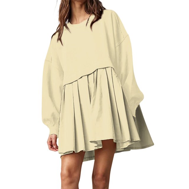 Womens Oversized Sweatshirt Dress Long Flowy Patchwork Pullover Tops Cute Drop Shoulder Sweatshirts Fall Long Sleeve Mini Dress Teen Girls Crewneck Solid Tunic Pleated Loose Clothing Beig