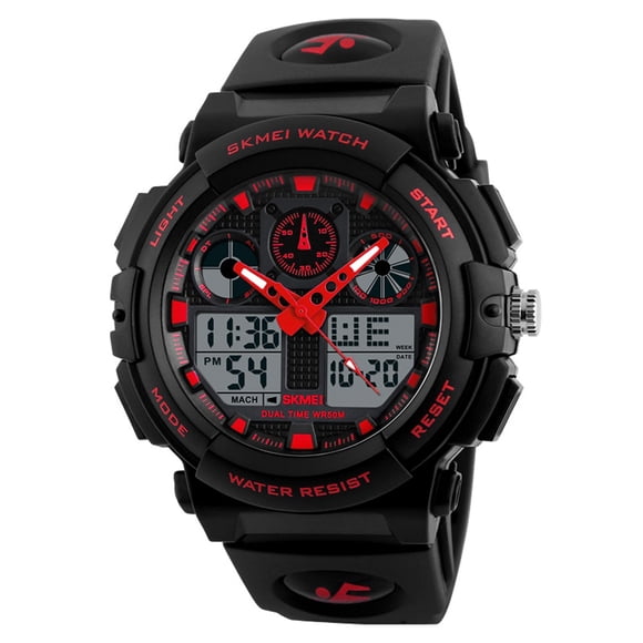 SKMEI SKMEI 1270 Dual Time Men's Sports Watch with Quartz and Digital Movement, 5ATM Water Resistance, Luminous Display, and Alarm Function - Black Case with Red Hands