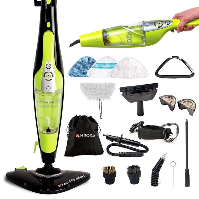 H2O HD 5-in-1 All-Purpose Handheld Steam Cleaner System with DualBlast technology and a 14-piece accessory kit. The image shows the lime green and black steam cleaner in both upright and handheld modes, along with included accessories such as microfiber cloth pads, nozzles, brushes, extension hose, and a storage bag. Designed for chemical-free cleaning of hard floors, carpets, upholstery, windows, and garments.
