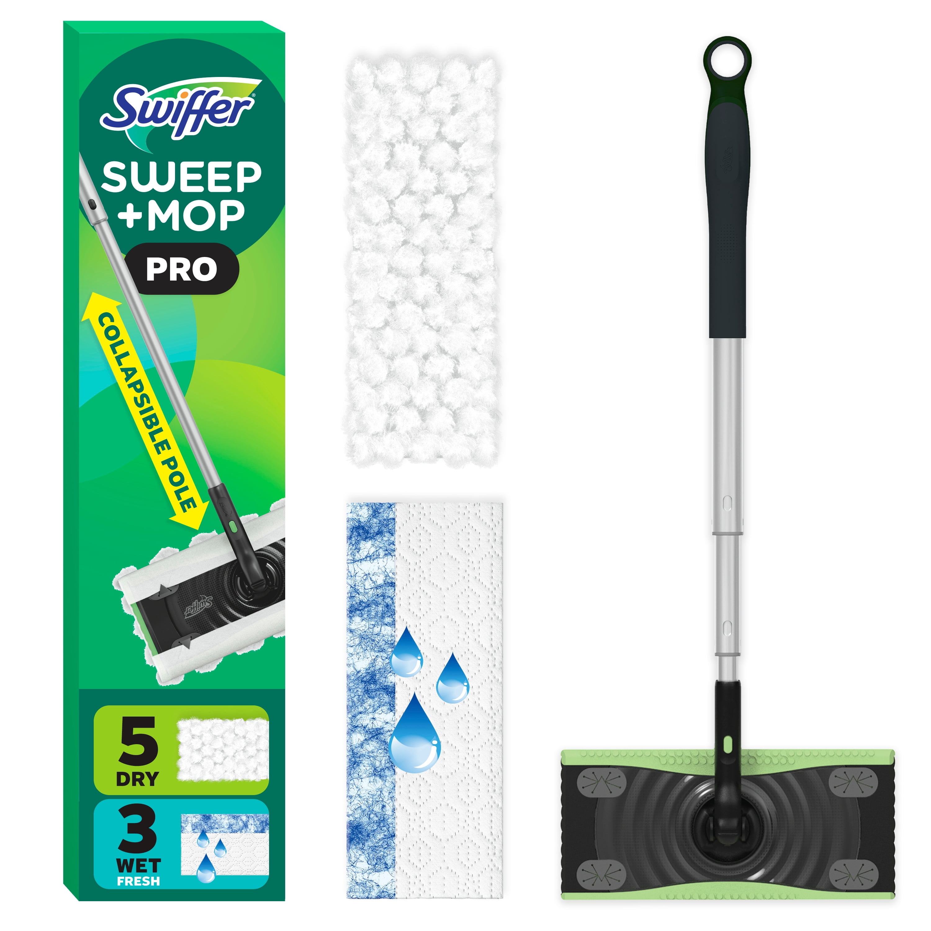 Swiffer Sweep and Mop Pro, 2-in-1 Floor Mopping and Sweeping Kit, Multi-Surface Kit for Floor Cleaning, Kit Includes 1 Sweeper Device, 5 Heavy Duty Dry Sweeping Cloths, 3 Heavy Duty Wet Mopping Cloths