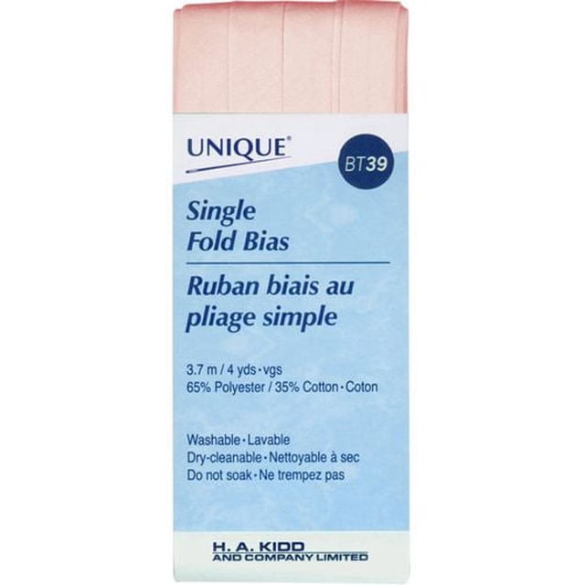 UNIQUE Single-Fold Bias Tape in pale pink, 3.7 m long, 65% polyester and 35% cotton blend. Pre-pressed for easy application in sewing, quilting, and crafting edges. Washable and dry-cleanable with care instructions on packaging.