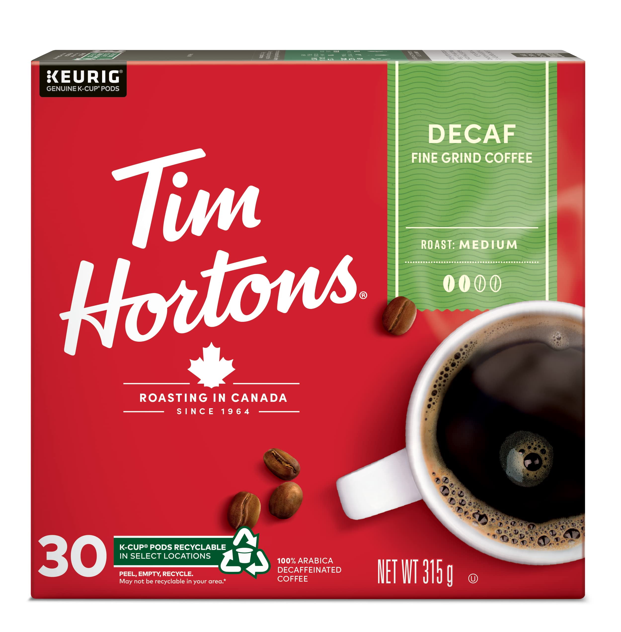 Tim Hortons Decaf Coffee, Single Serve Keurig K , 30 Count (2 Packs, Total 60 Pods)