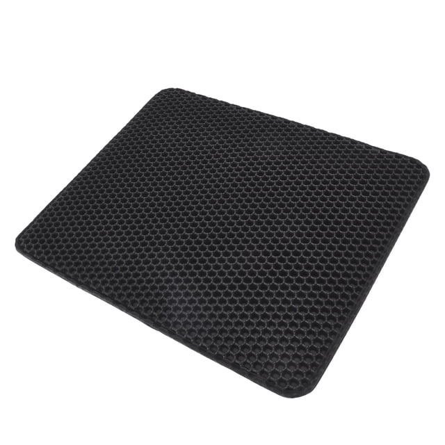 Cat Litter Box Mat, Less Waste Cat Litter Mat Scatter Control Double Layer for Cat Litter Box in black. Made of durable EVA material with a double-layer design featuring 3D convex holes for trapping litter effectively. Measures approximately 50x39.5cm (20x15.5in) and includes an envelope design with openings on both ends for easy litter disposal.