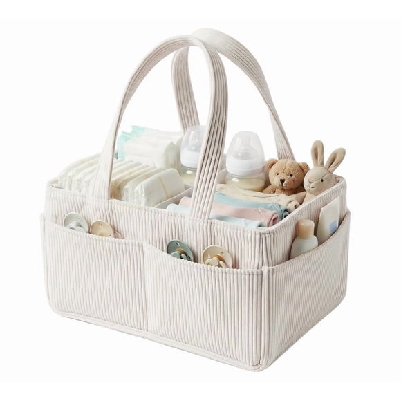 Organisateur de Porte-Couches Portable en Velours Côtelé, Panier de Rangement pour Couches de Bébé avec Poignée, Séparateurs Ajustables, Grande Capacité pour Chambre de Bébé, Salle de Bain, Salon, Voiture, Rangement et Organisation des Articles pour Bébé