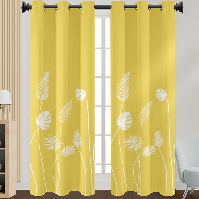 Innerwin Drapes Semi Sheer Window Curtain with grommet header, featuring a light-filtering design and luxurious linen texture. The curtain is yellow with a white leaf print pattern, measuring 43 inches wide by 63 inches high. These semi-sheer drapes are ideal for living rooms, bedrooms, and kitchens, providing privacy while allowing natural light to filter through. Mounted on a wall, they enhance the space with a modern and airy feel.