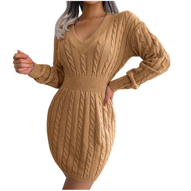 Vêtements d'Hiver pour Femmes Robe Chandail Tricotée Moulante à Col en V pour l'Automne et l'Hiver pour Femmes, Couleur Chameau. la Robe Présente un Motif Torsadé, des Manches Longues et une Taille Ajustée pour une silhouette Flatteuse. Fabriquée en Acrylique et Fibre de polyester, Elle Est Légère, Douce et Confortable. Convient aux Tenues Décontractées, Quotidiennes Ou de Fête pendant les Saisons d'Automne et d'Hiver.