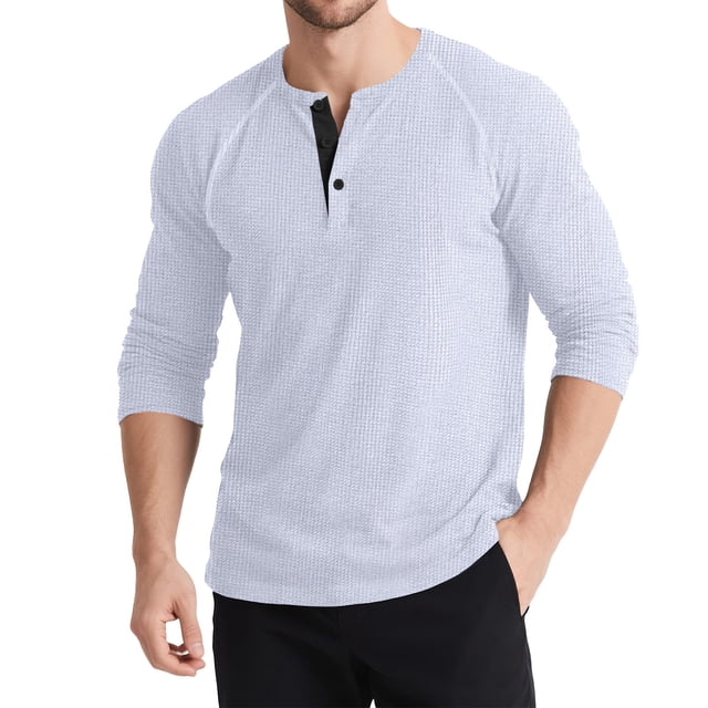 Lmnyox Men's Long Sleeve Shirt Vintage Casual Crew Neck Button T Shirt Solid Basic Texture Pullover Tee displayed in a front-facing view. The shirt features a textured light fabric, a crew neck design, and a buttoned placket. Ideal for layering in fall and winter, it pairs well with casual or formal pants and jackets for versatile styling.