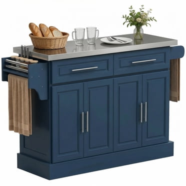 HOMCOM Îlot de Cuisine avec Rangement, Chariot de Cuisine Roulant, Bleu Marine